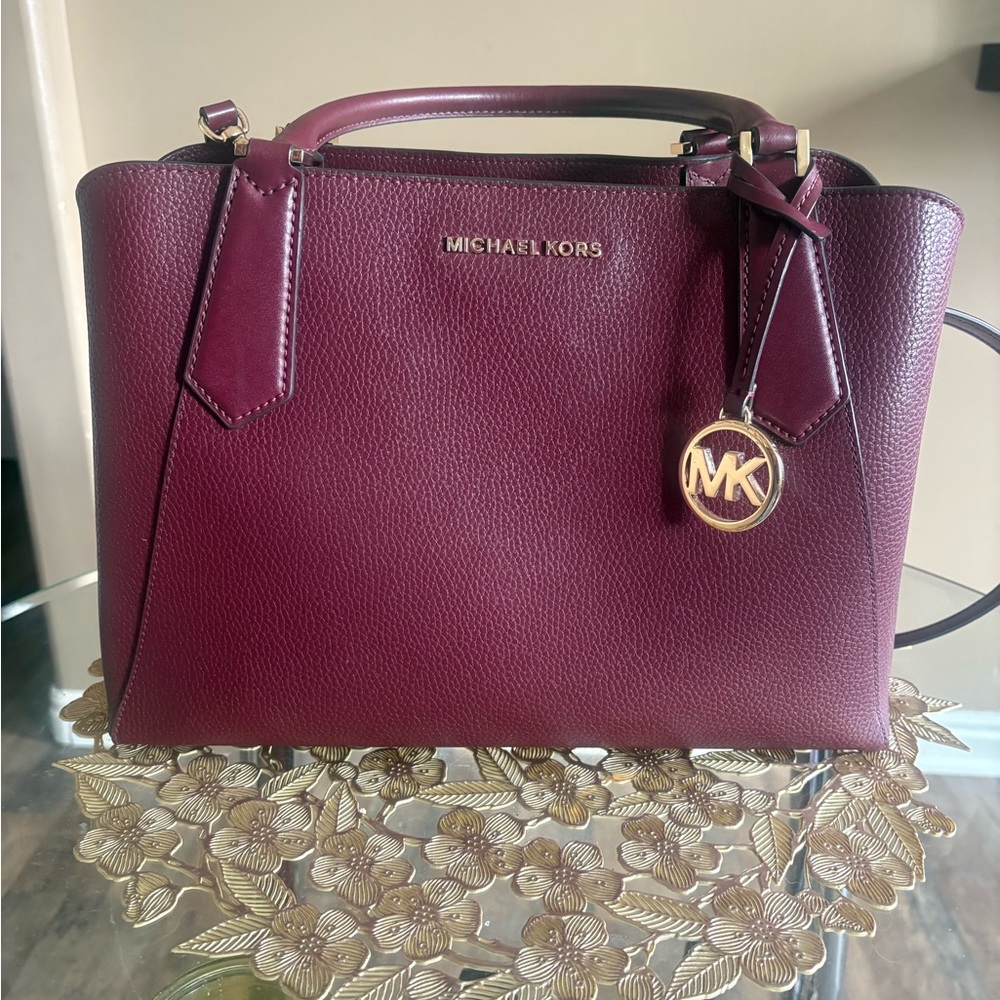 Michael Kors Plum Pebbled Leather Satchel with Gold MK Charm